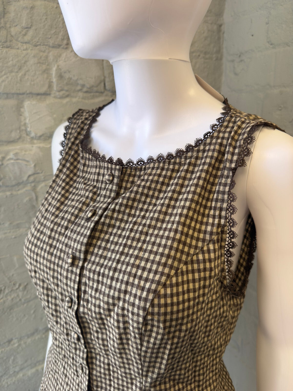 Brown Gingham Button-Up Top with Lace Trim