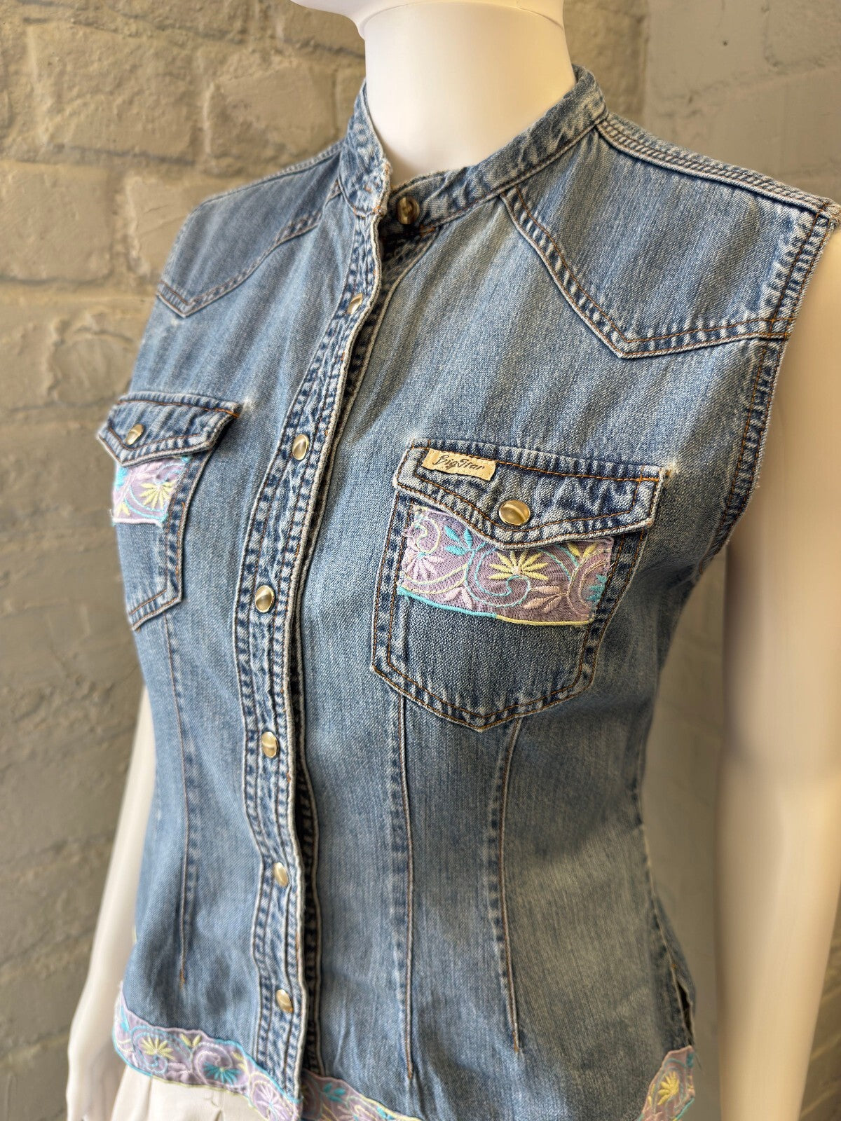 Big Star Sleeveless Denim Vest with Embroidered Trim