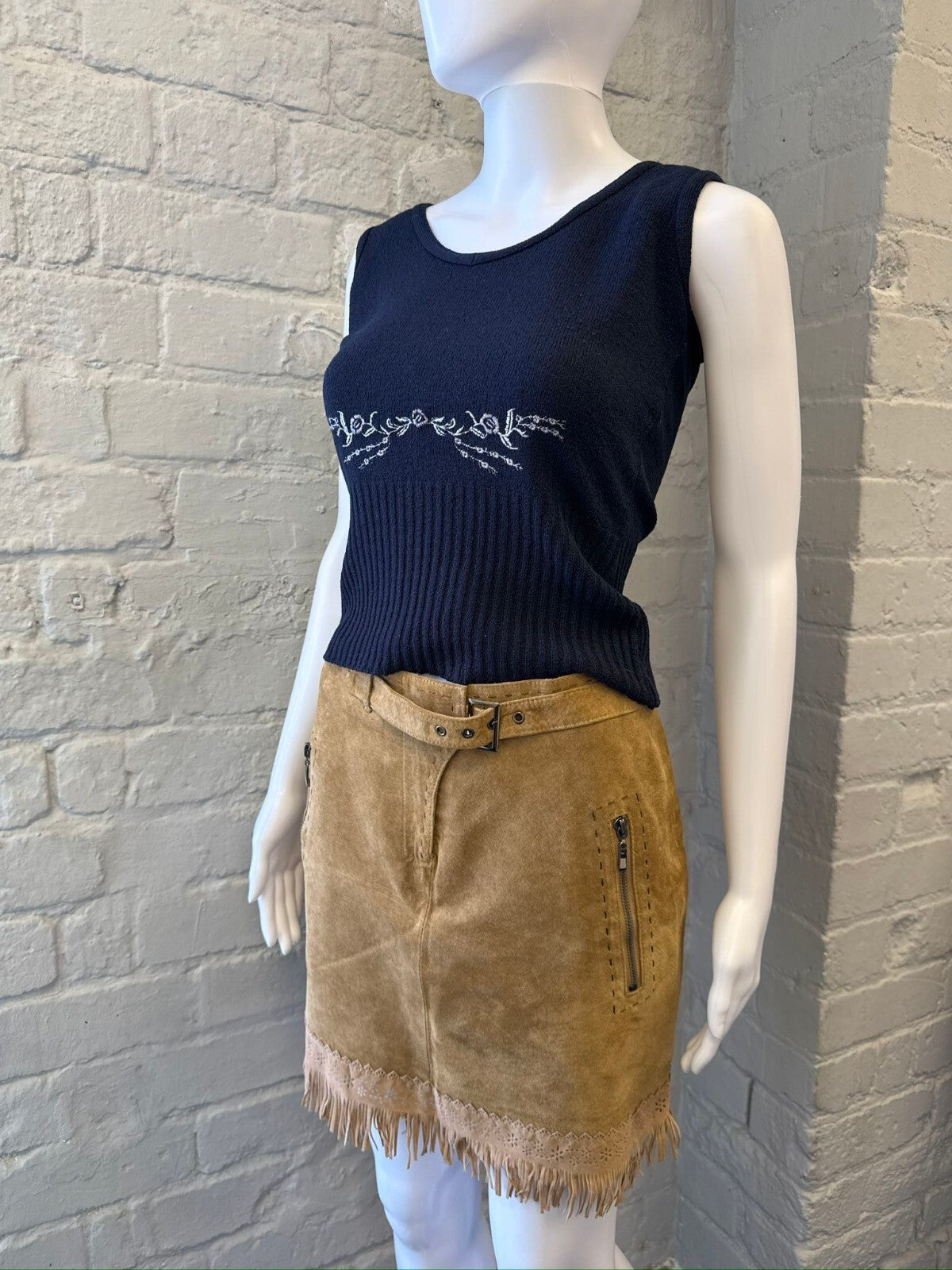 Tan Suede Mini Skirt with Fringe Hem and Belt Detail