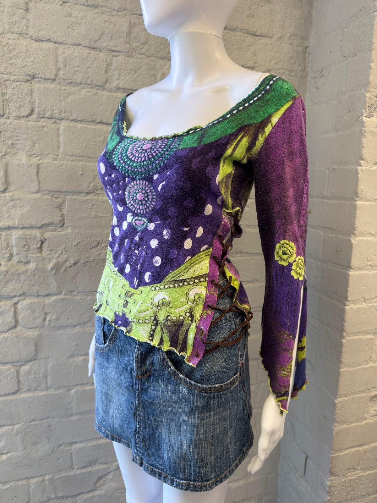 Purple and Green Patterned Top with Lace-Up Detail