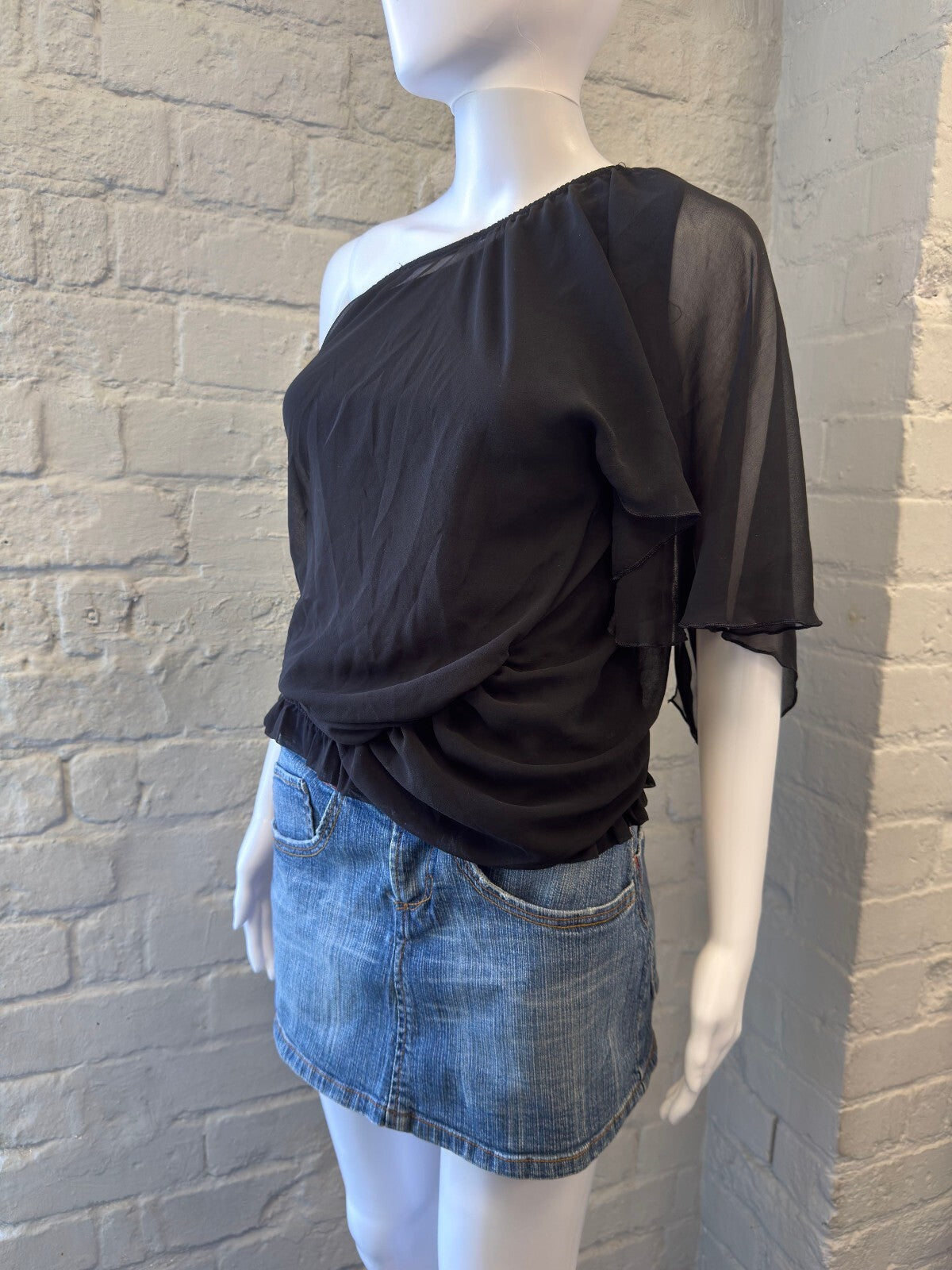 Black One-Shoulder Sheer Sleeve Blouse