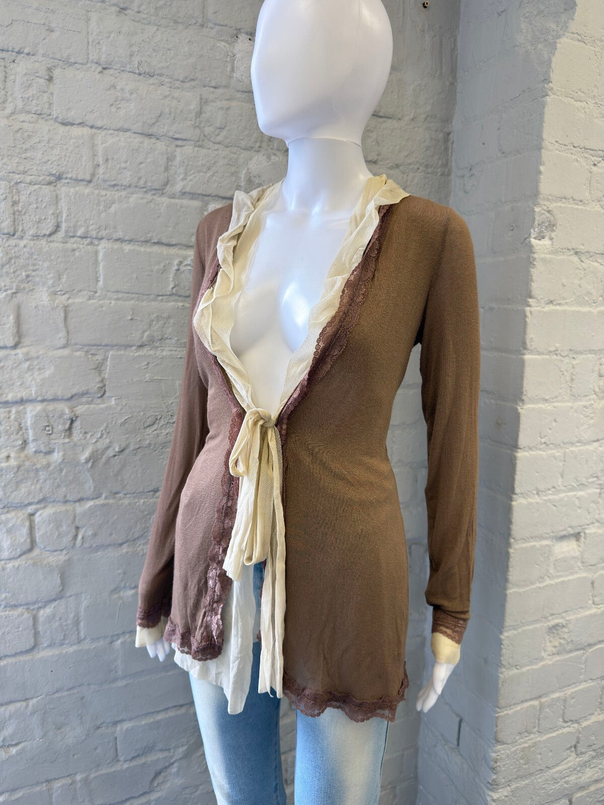 Brown and Cream Mesh Long Sleeve Tie Front Cardigan