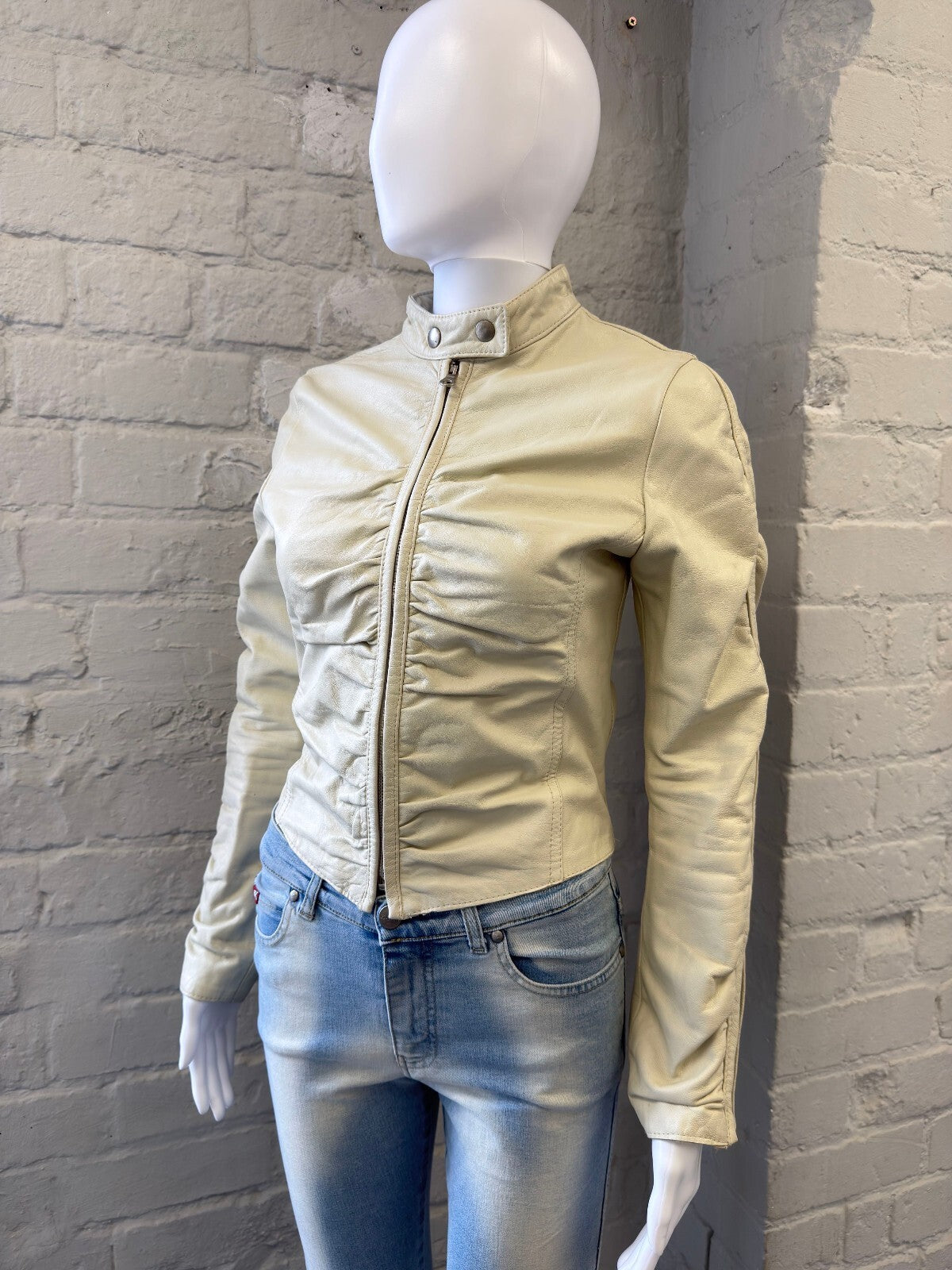 Ruched Cream Leather Jacket