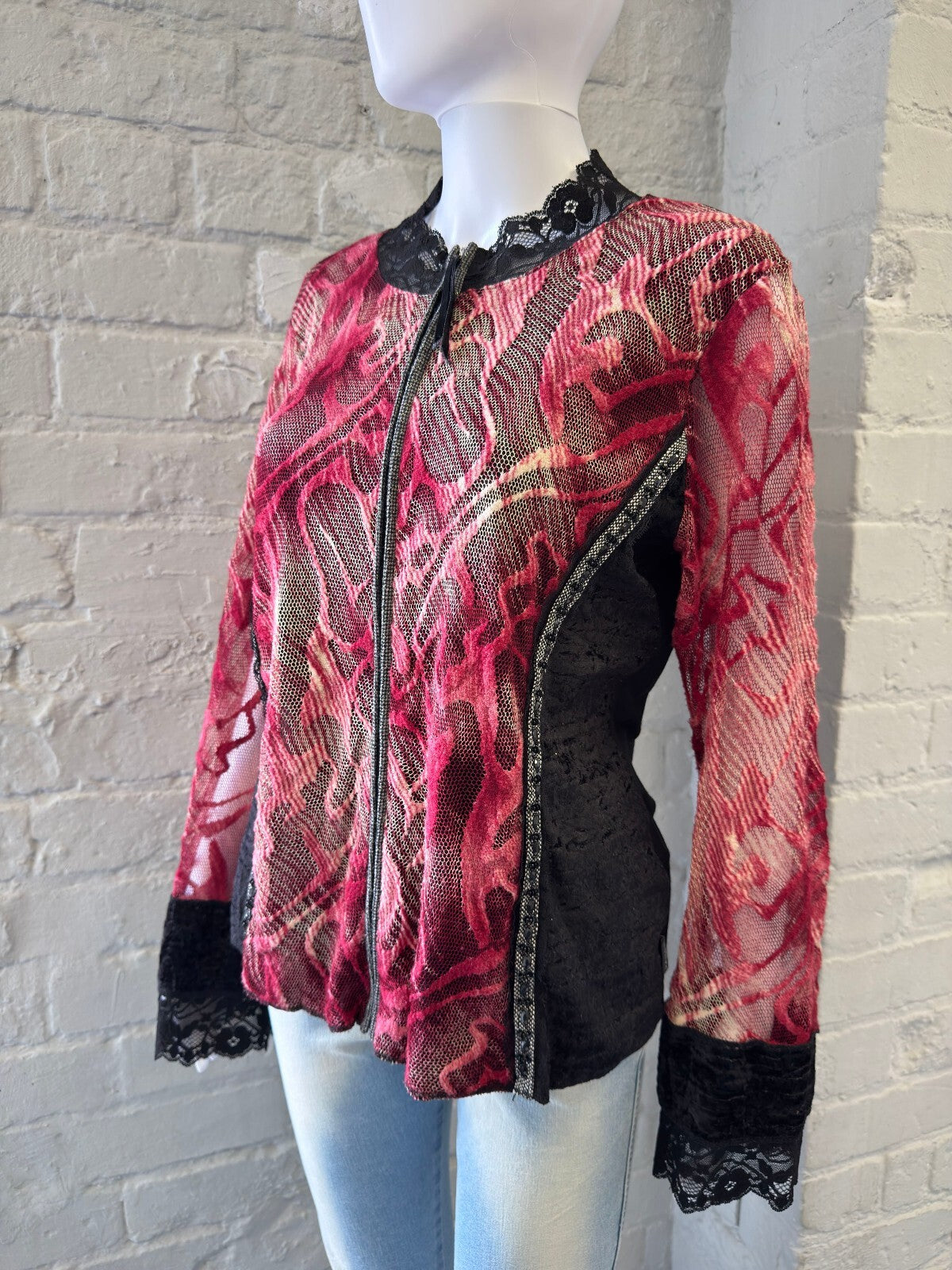 French Vintage Black and Pink Lace Detail Cardigan