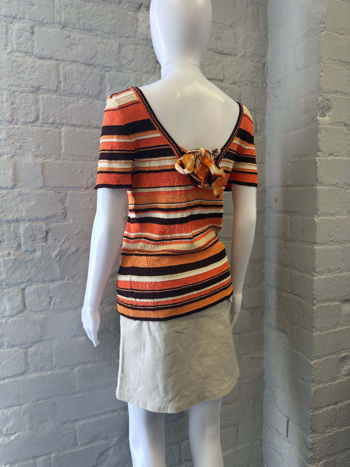Escada Striped Ribbed Knit Top with Back Bow Detail