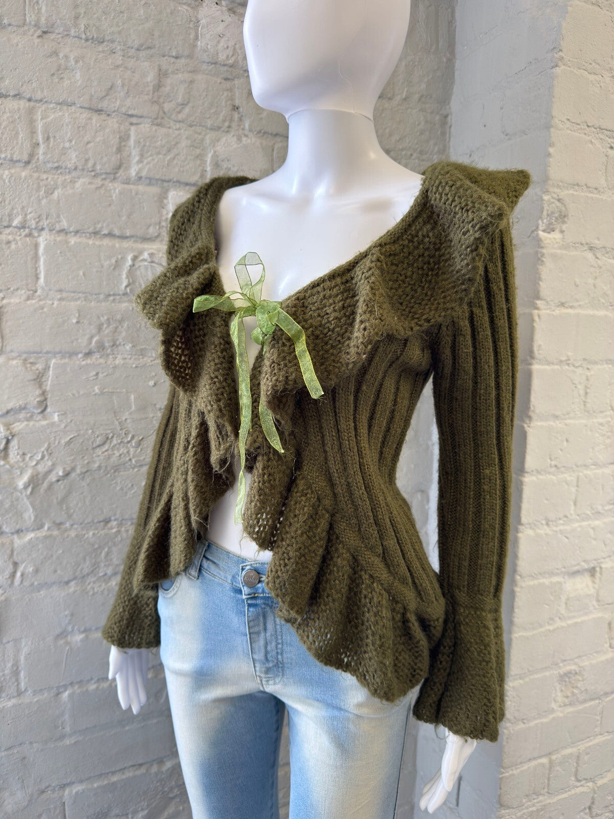 Olive Green Knit Cardigan with Ruffle Detail and Ribbon Tie