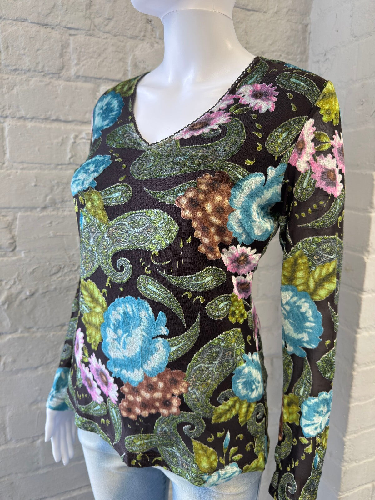 Y2K Floral Print Velvet Mesh Long Sleeve Top