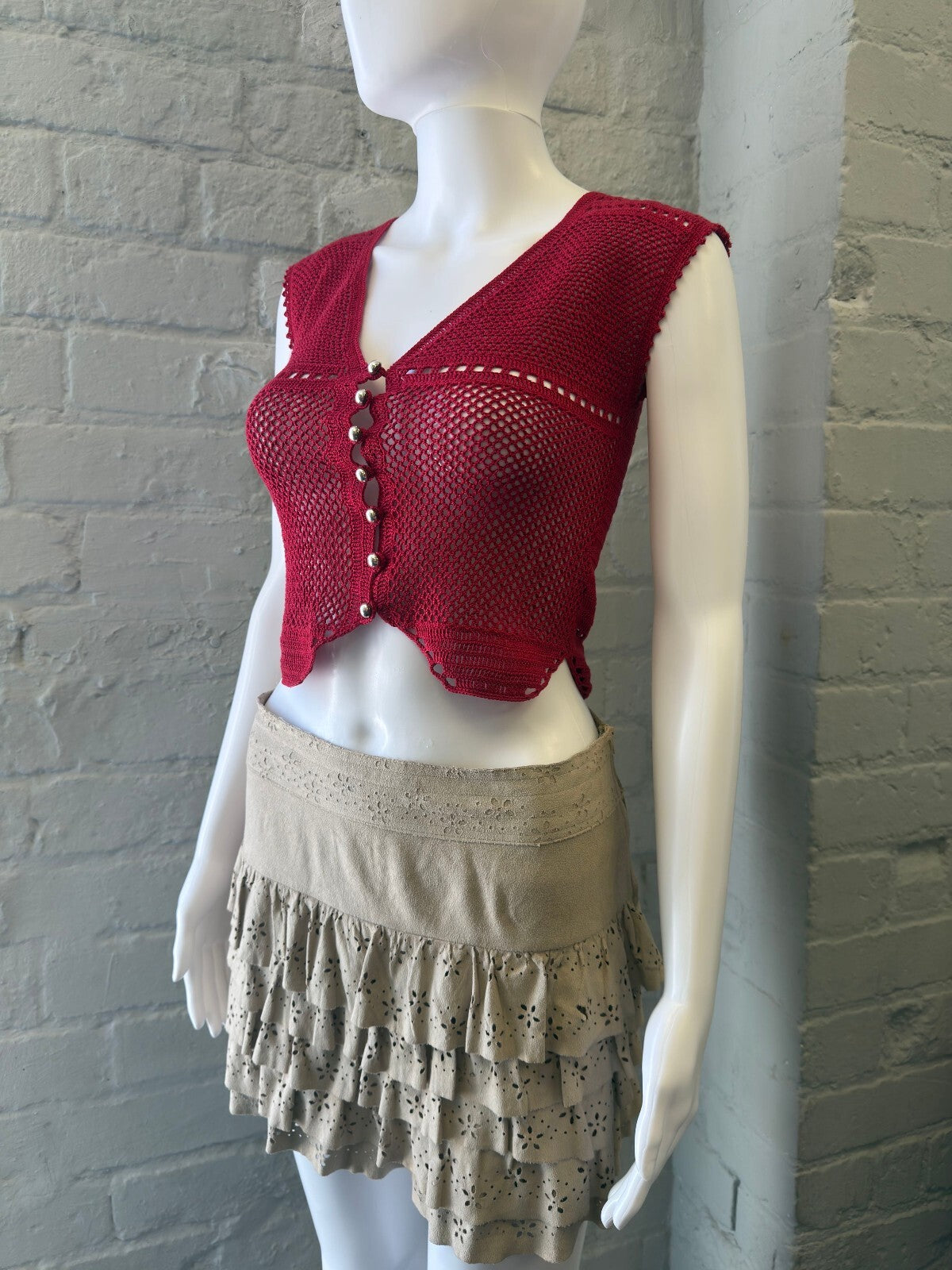 Red Crocheted Button-Up Crop Top