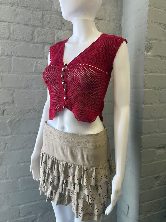 Red Crocheted Button-Up Crop Top