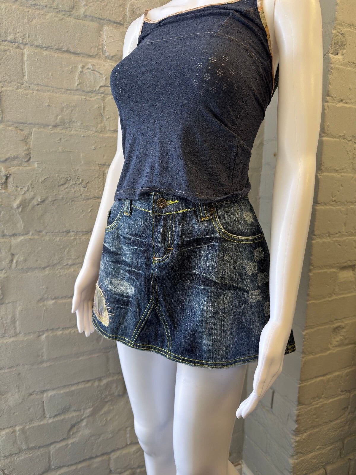 Denim Mini Skirt with Embroidered Patches
