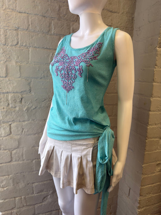 Turquoise Mesh Vest Top with Embroidered Front and Side Tie