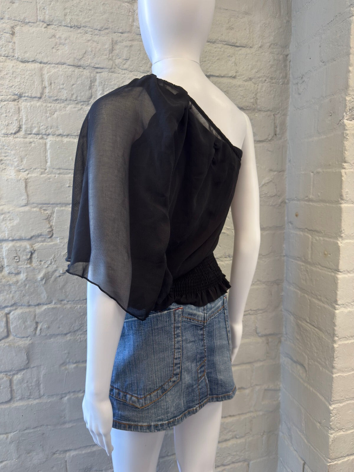 Black One-Shoulder Sheer Sleeve Blouse
