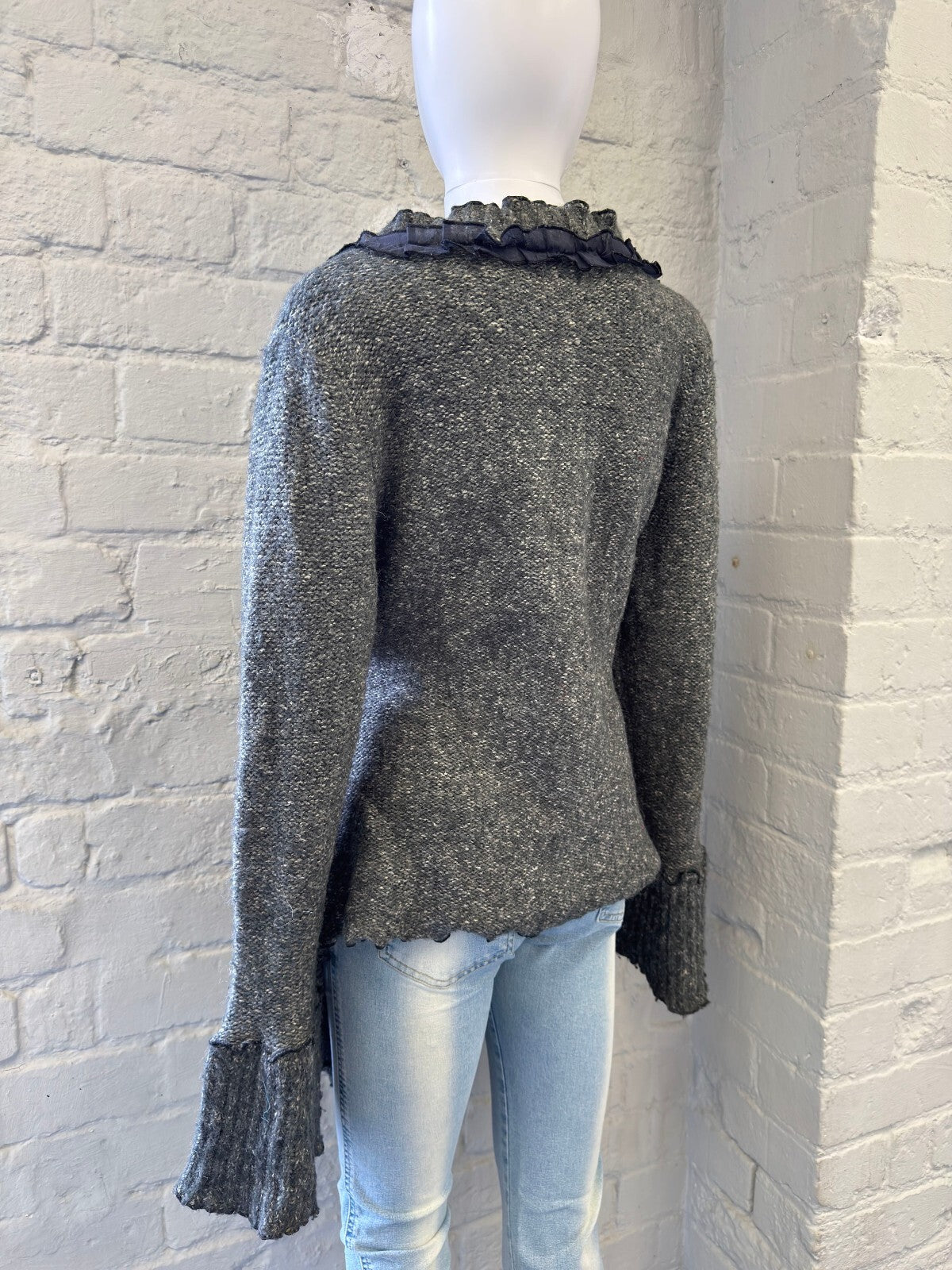 Vintage Grey Knit Wrap Cardigan with Ruffle Trim
