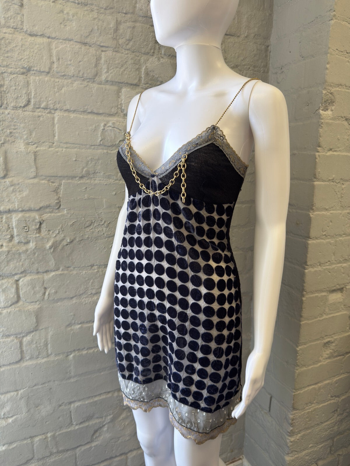Blue and Silver Polka Dot Slip Dress with Chain Detail