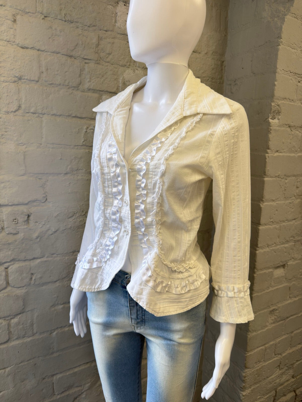 White Ruffled Button-Up Shirt