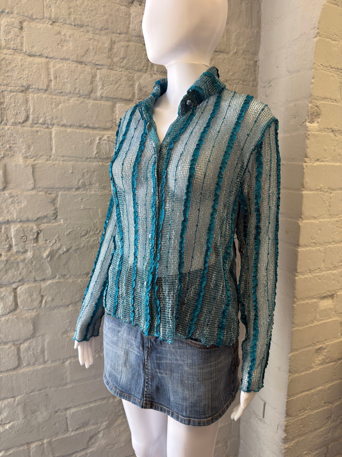Teal Blue Sheer Striped Knit Long Sleeve Shirt