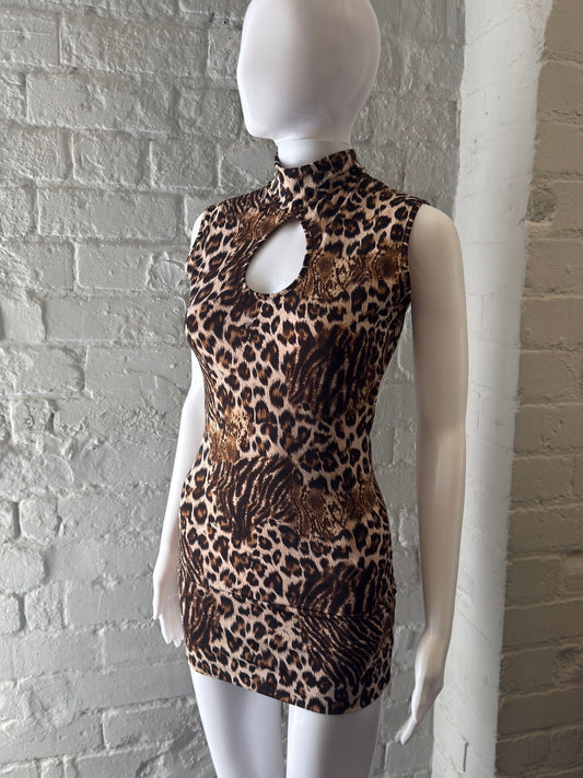 Sleeveless Leopard Print Mini Dress with Keyhole Front and Open Back