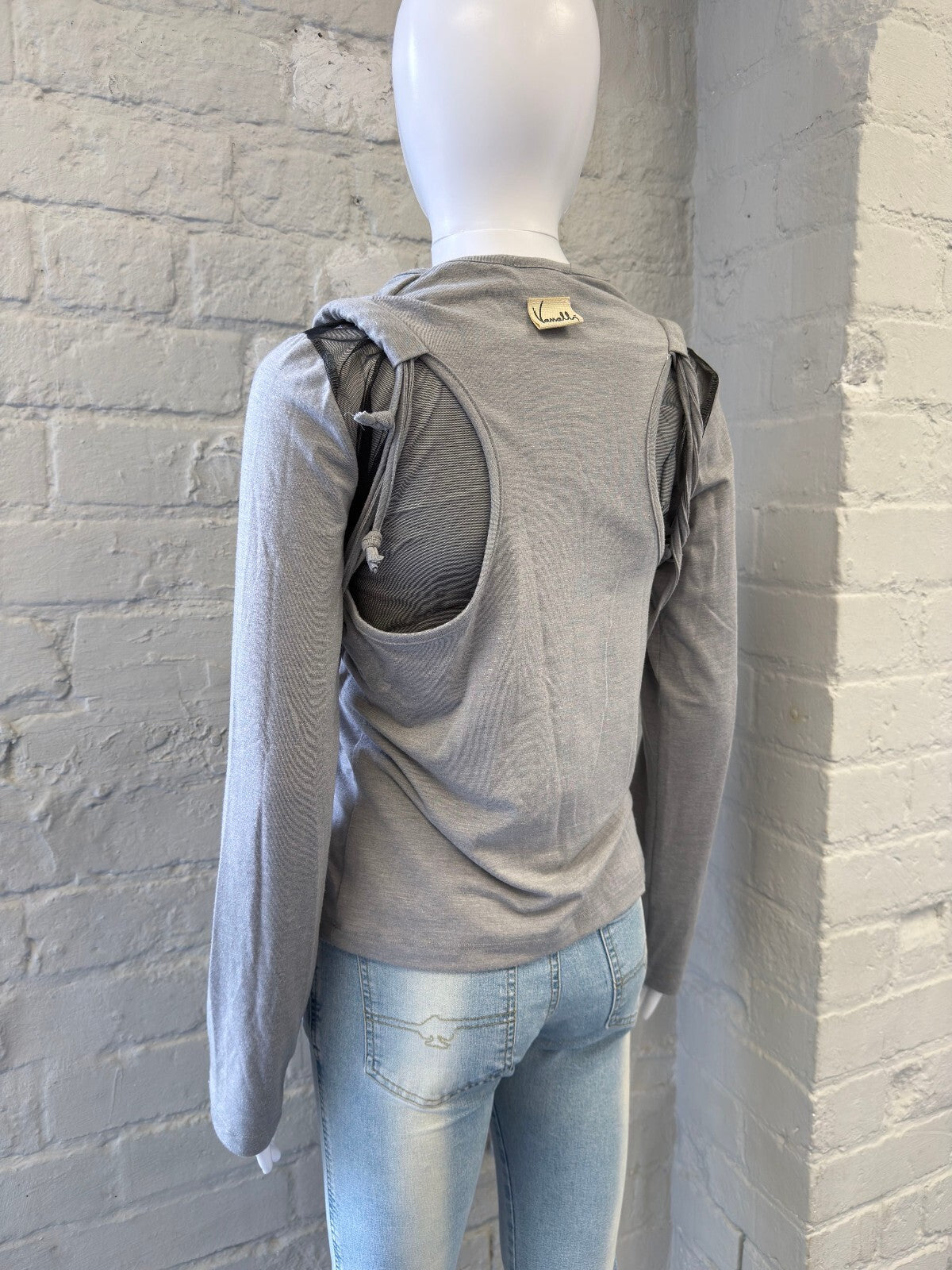 Unique Grey Long Sleeve Top with Knit Front Detail