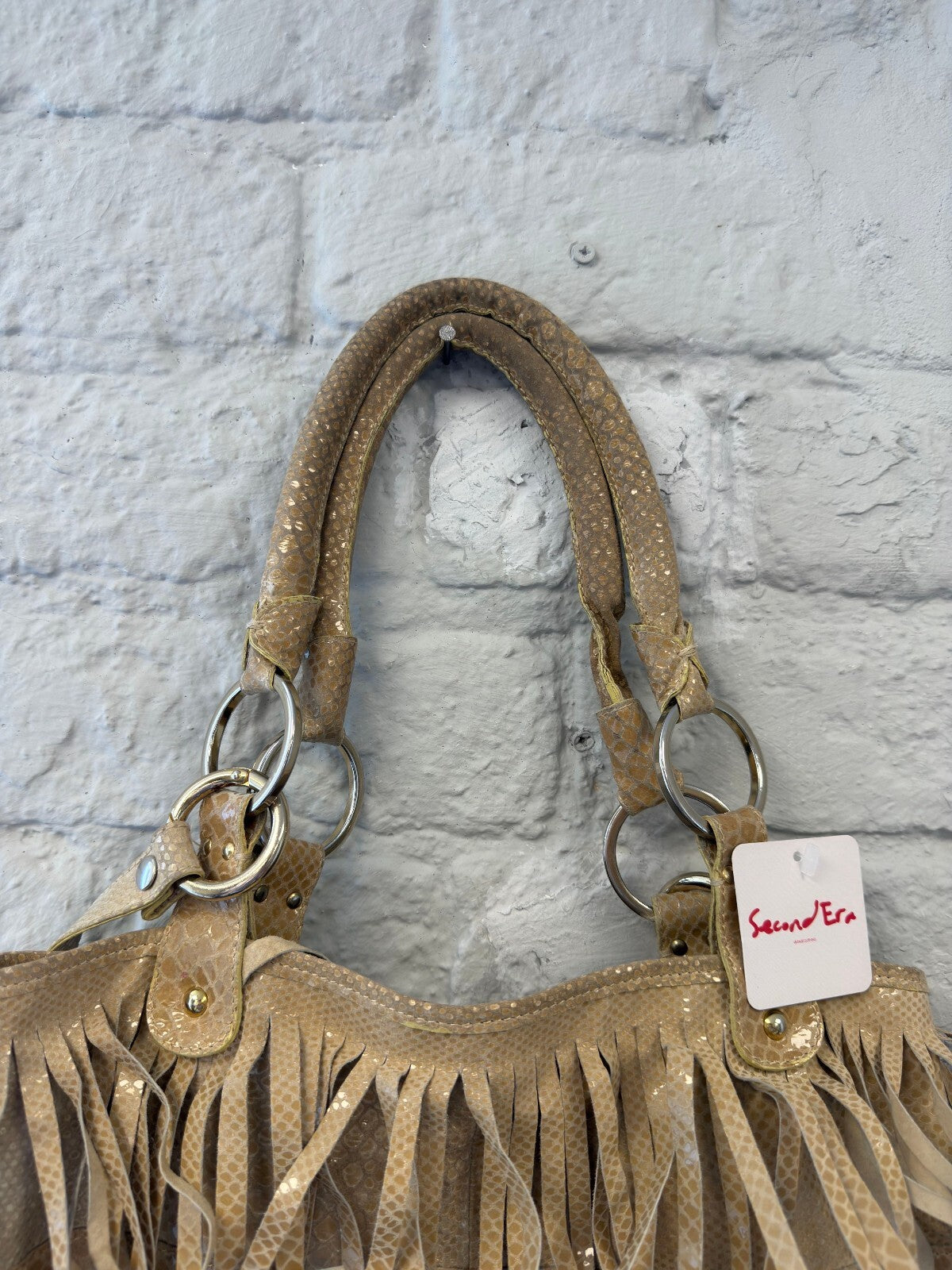 Beige Fringe Shoulder Bag with Snake Texture