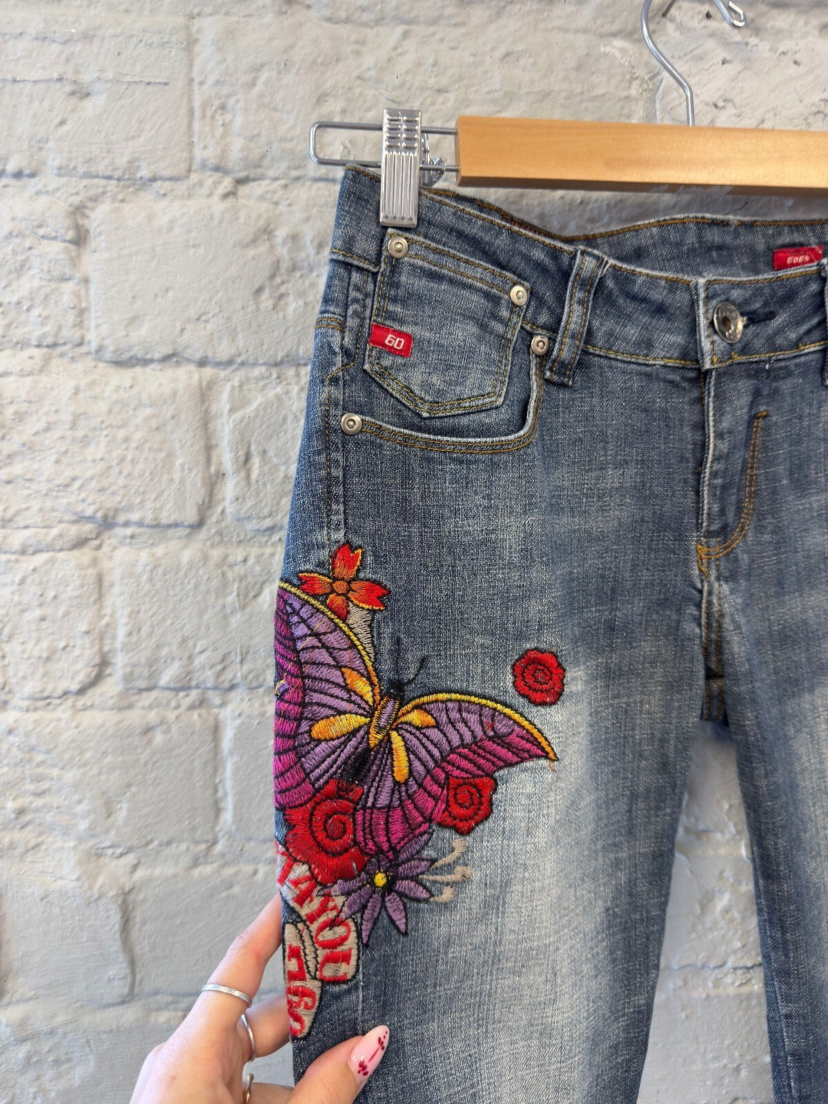 Miss Sixty Denim Capris with Embroidered Butterfly and Floral Design