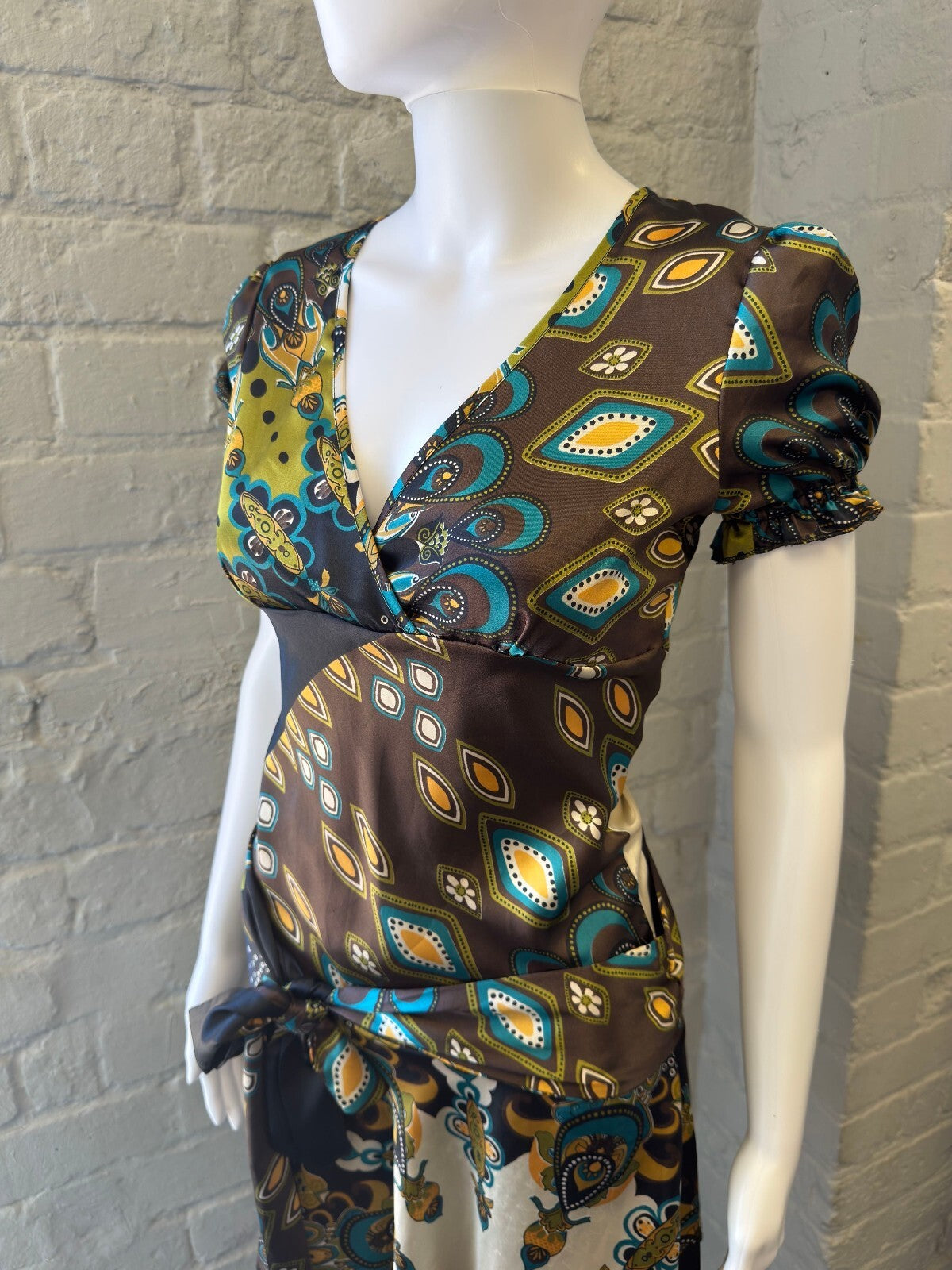 Satin Midi Dress with Puff Sleeves