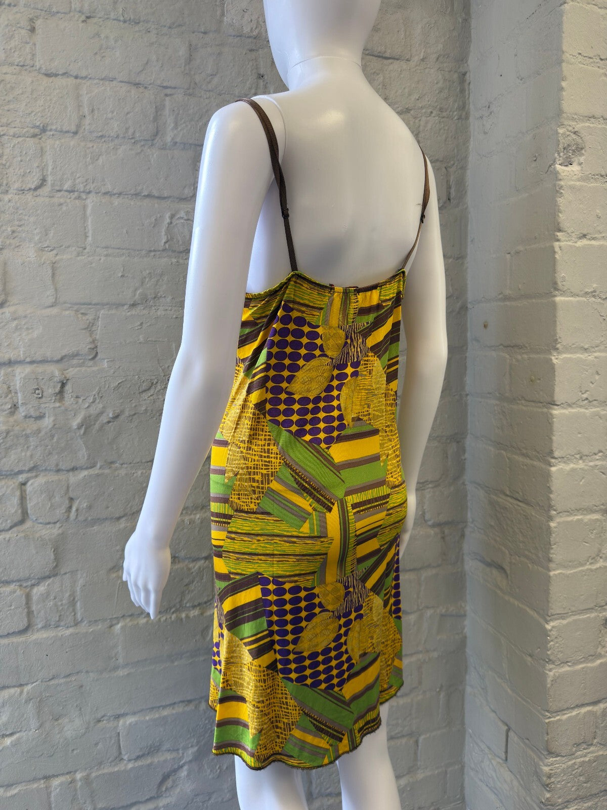 Yellow Geometric Print Slip Dress with Brown Lace Trim