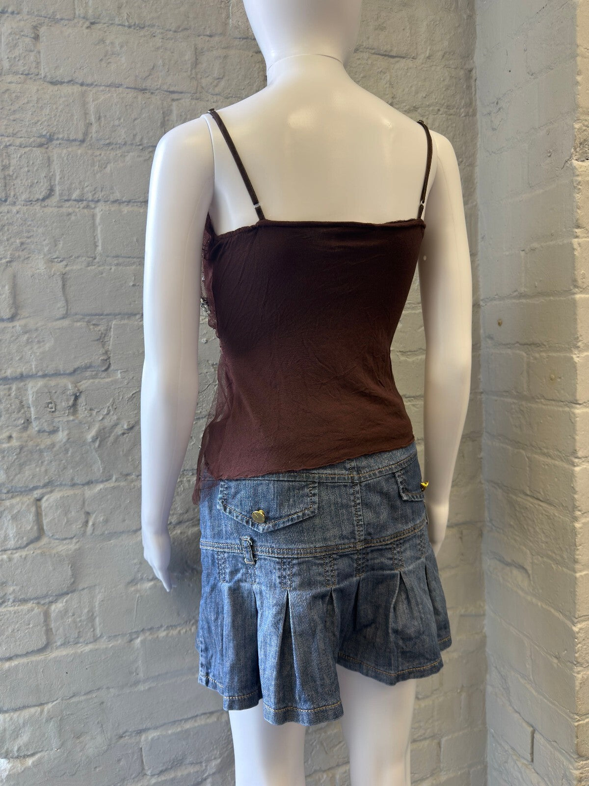 Brown Embellished Spaghetti Strap Top with Ribbon Tie