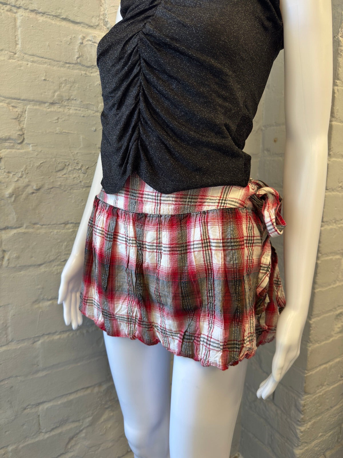 Orsay Red and White Plaid Mini Skirt with Side Tie