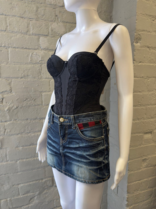 Punk Denim Mini Skirt with Red Plaid Pocket Detail