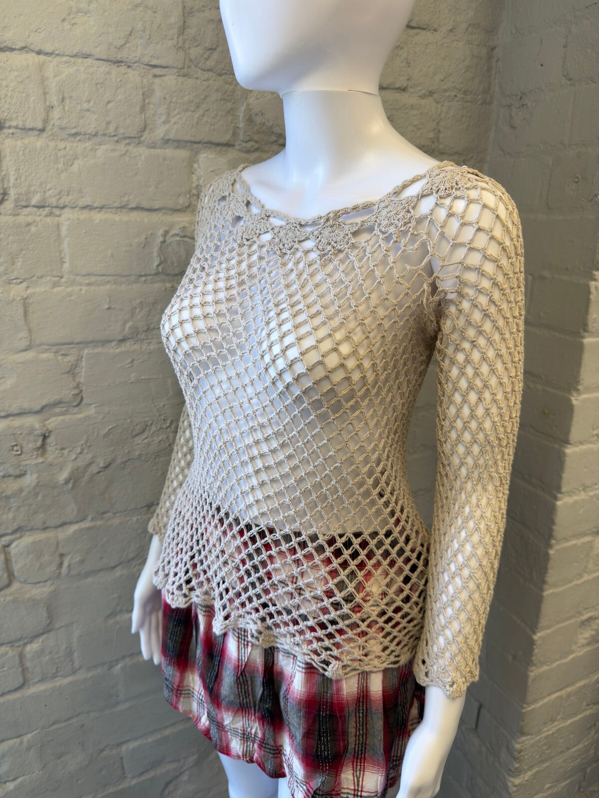 Beige Crochet Knit Long Sleeve Top