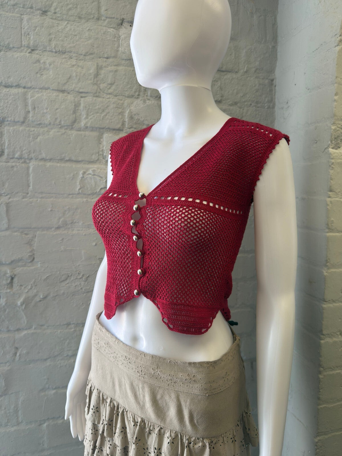 Red Crocheted Button-Up Crop Top