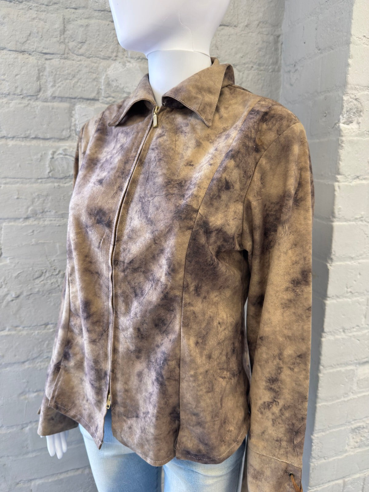 Vintage Brown Tie-Dye Faux Suede Jacket with Lace-Up Cuffs