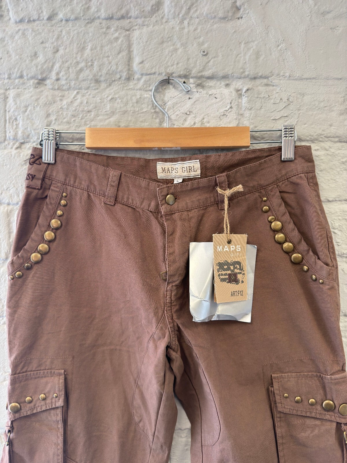 Deadstock Brown Cargo Trousers with Studs and Embroidered Floral Detail