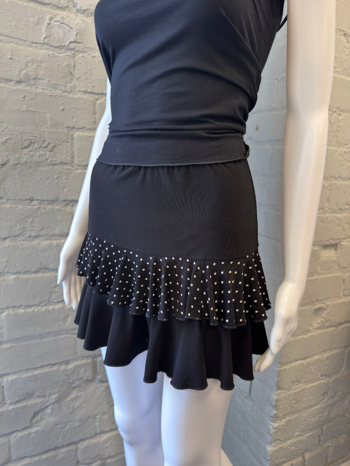 Black Two-Tier Ruffle Mini Skirt with Polka Dot Detail