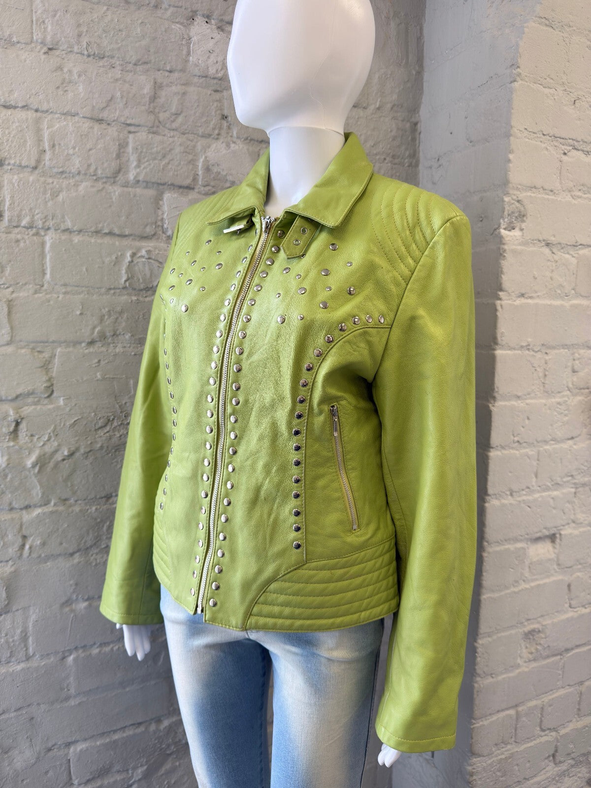 Lime Green Leather Studded Jacket