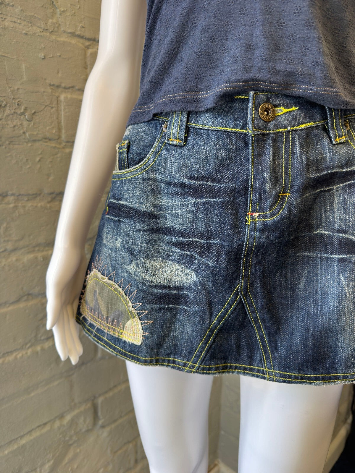 Denim Mini Skirt with Embroidered Patches