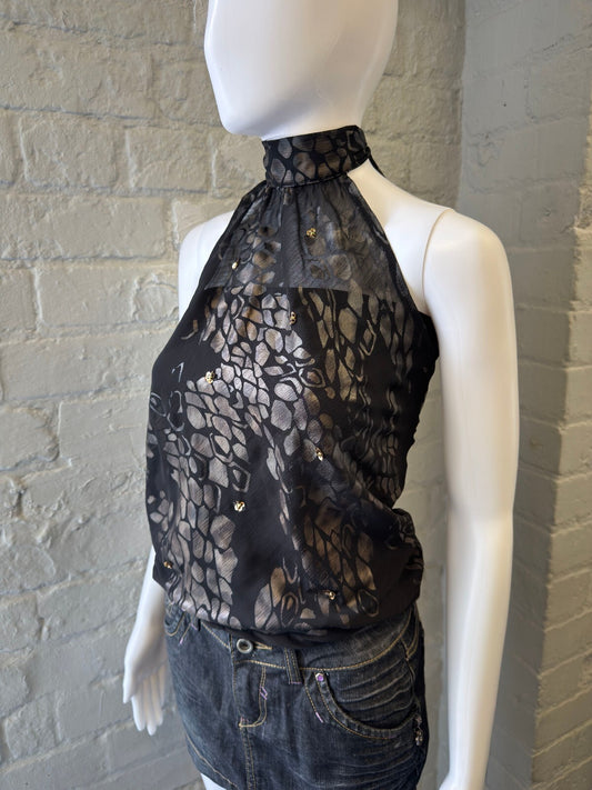 Sleeveless Halter Neck Top with Metallic Print