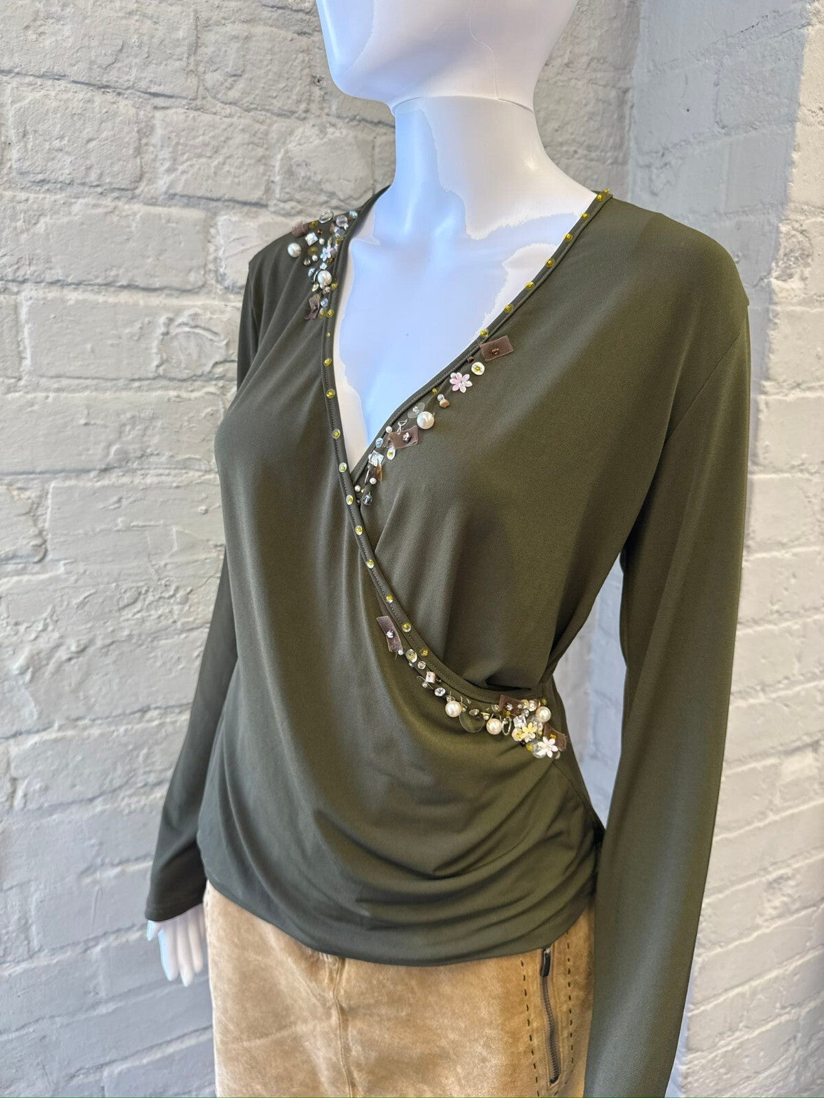 Olive Green Long Sleeve Embellished Wrap Top