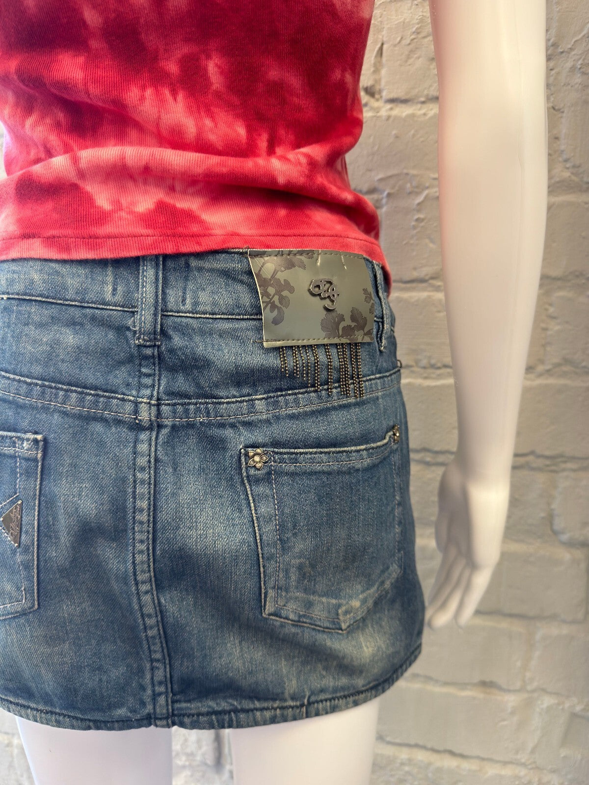 Vintage Denim Mini Skirt with Embellished Floral Detail