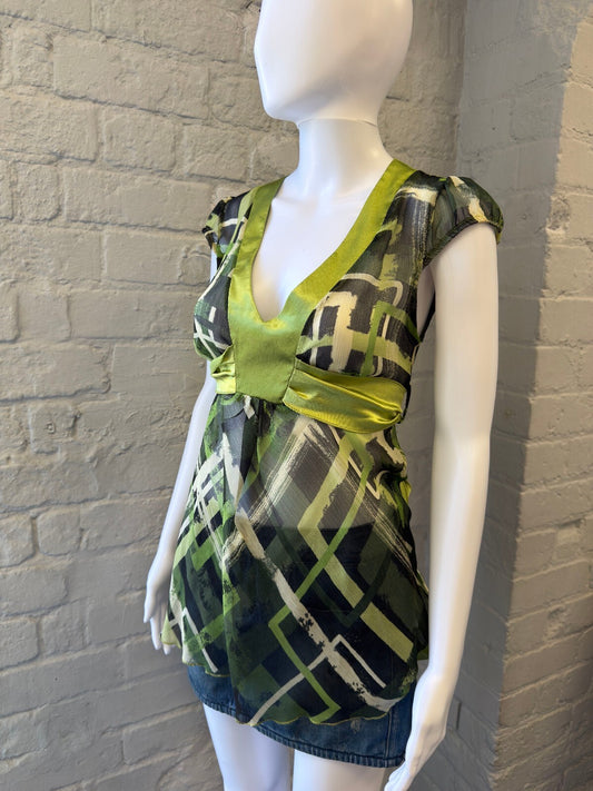Green Patterned Deep V-Neck Cap Sleeve Top