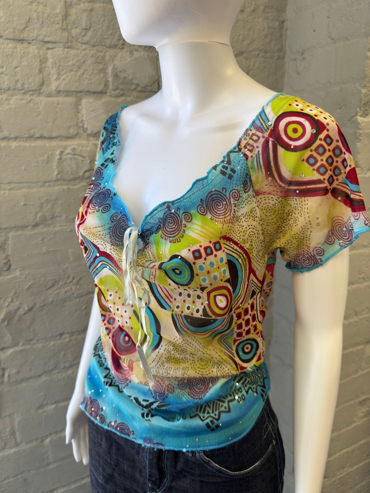 Multicolour Patterned Sheer Mesh Top
