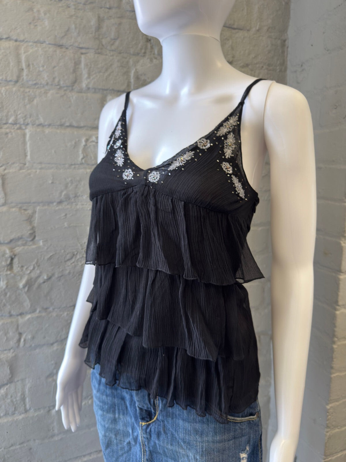 Black Tiered Ruffle Silk Top with Embroidered Floral Detail