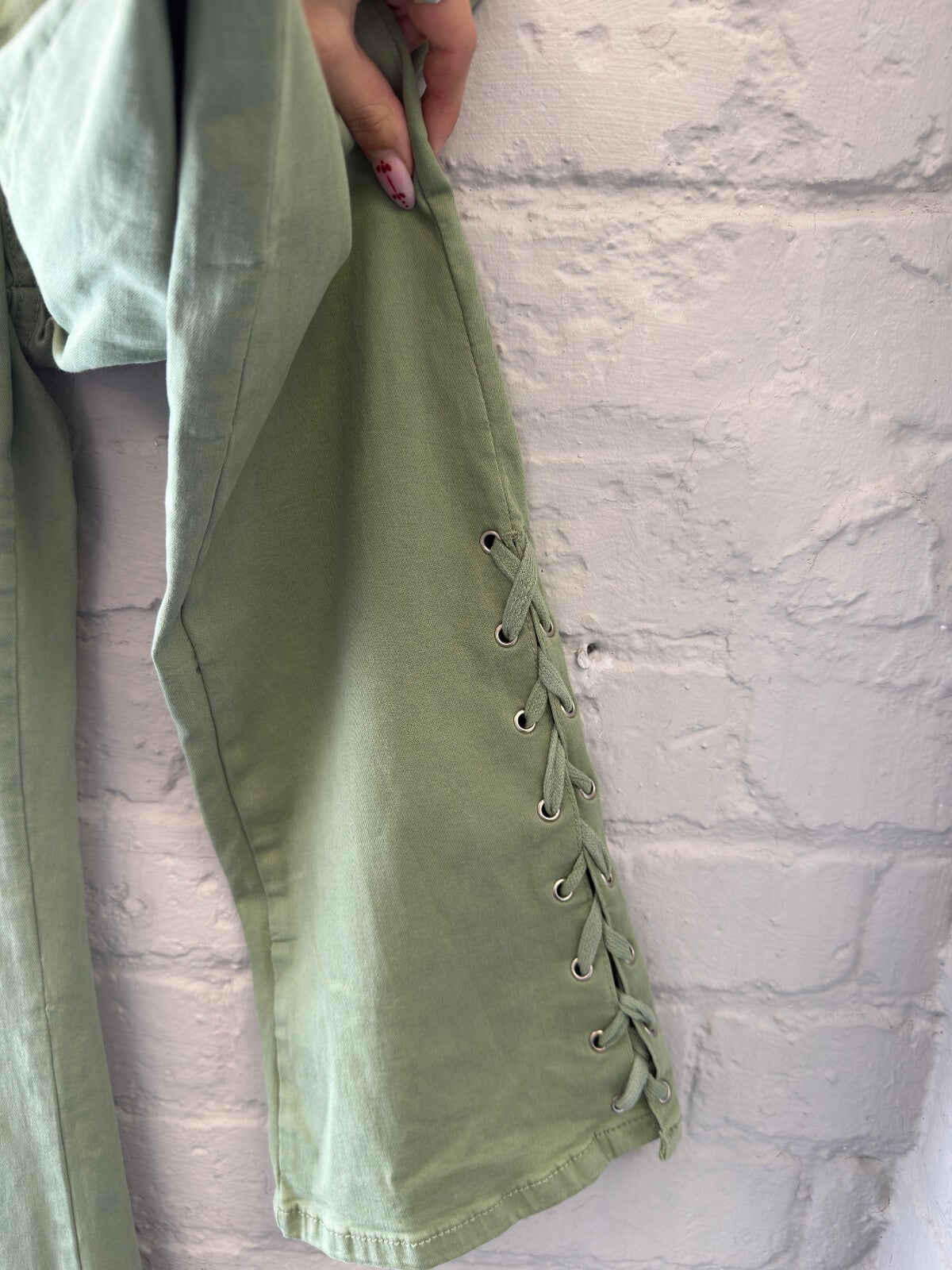 Green Lace-Up Flared Jeans