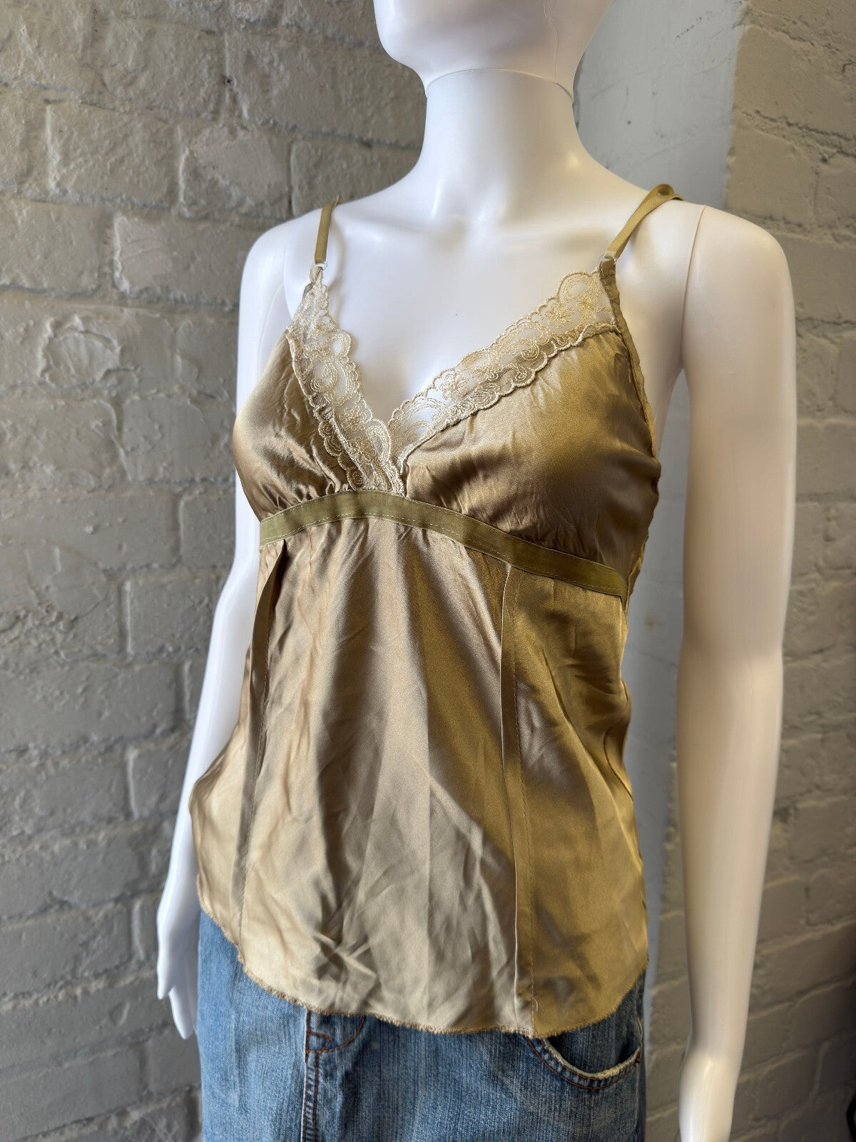 Silky Satin Beige Lace Trim Cami Top