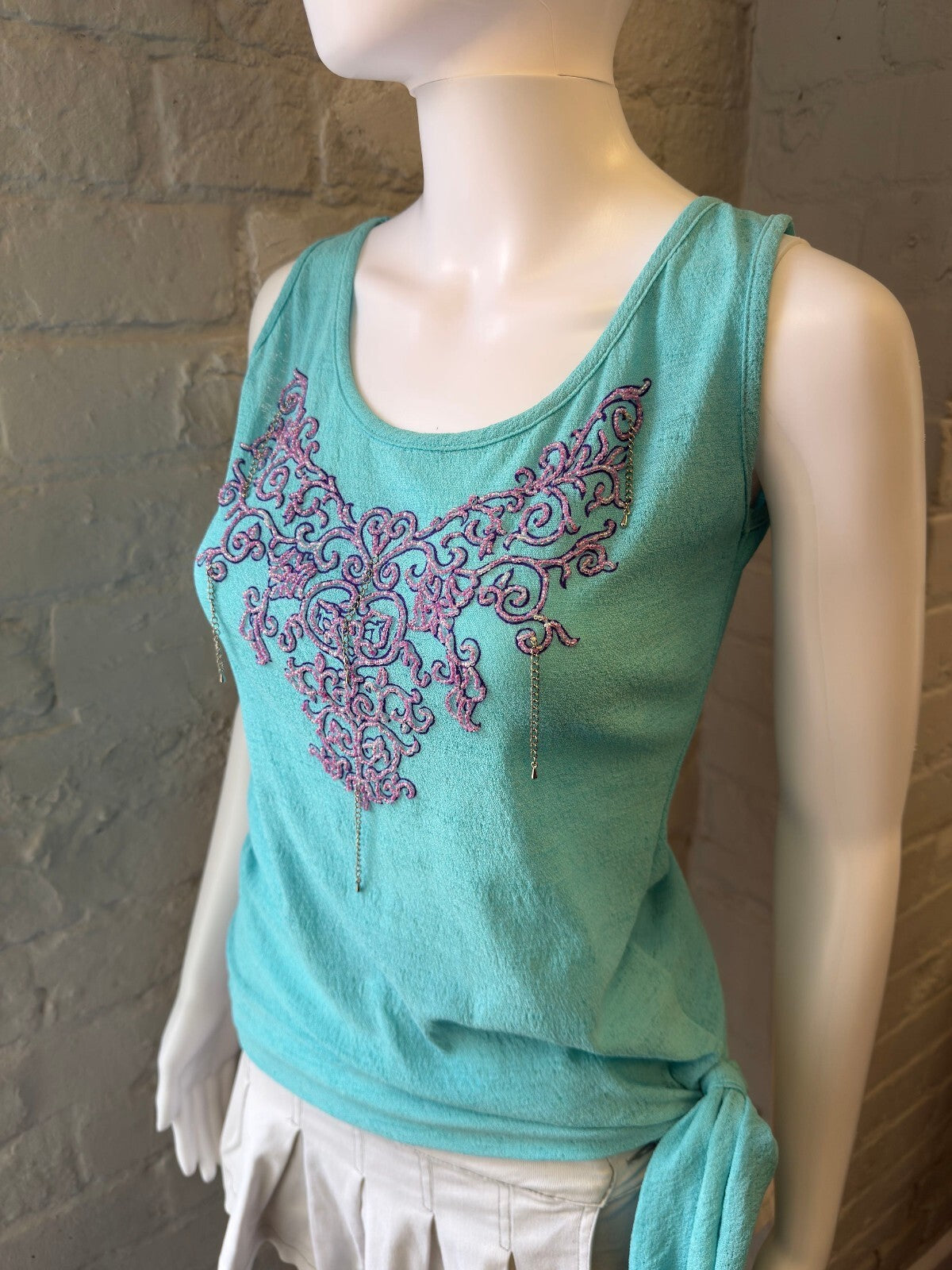 Turquoise Mesh Vest Top with Embroidered Front and Side Tie