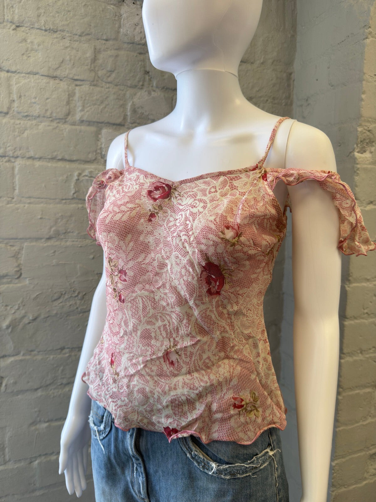 Pink Floral Lace Cold Shoulder Camisole Top