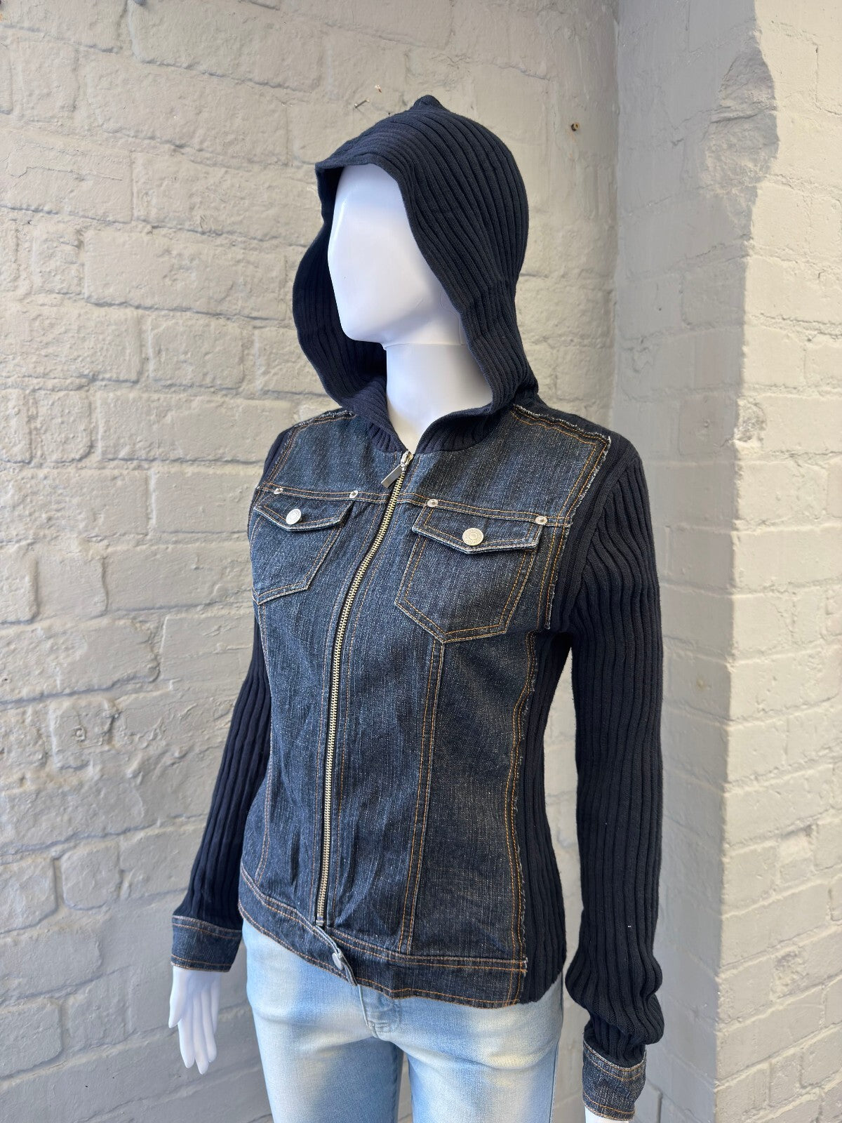 Y2K Italian Hooded Denim and Ribbed Knit Jacket