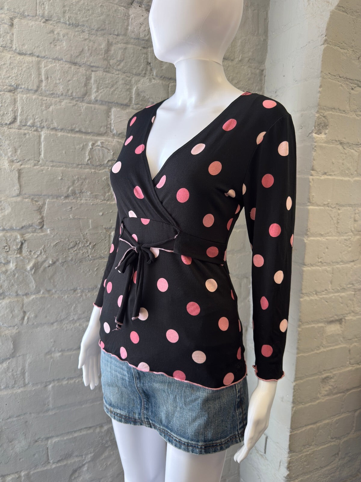 Black Wrap Style Top with Pink Polka Dots
