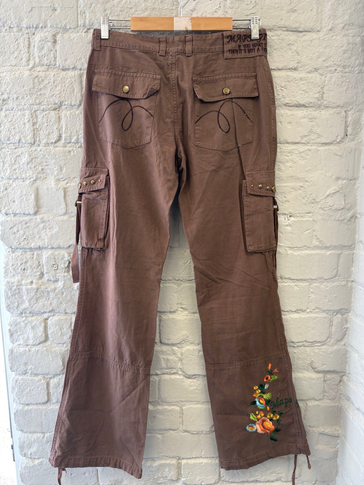 Deadstock Brown Cargo Trousers with Studs and Embroidered Floral Detail