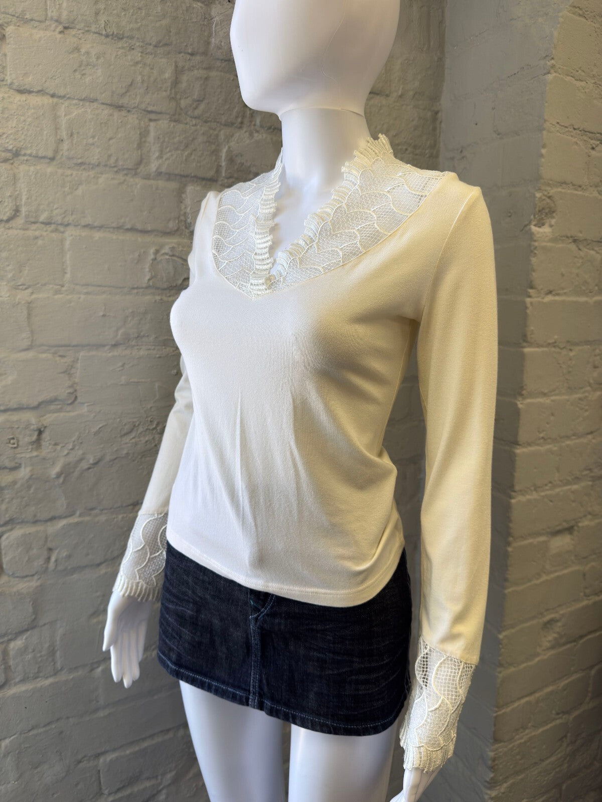 Cream Long Sleeve Top with Lace Trim Detail